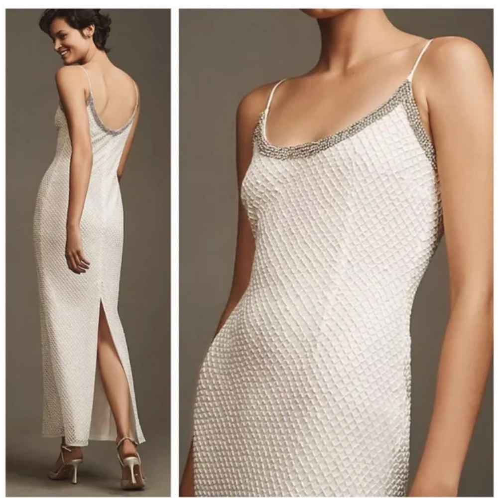 Mac Duggal White Beaded Maxi Slip Dress with Silver Trim